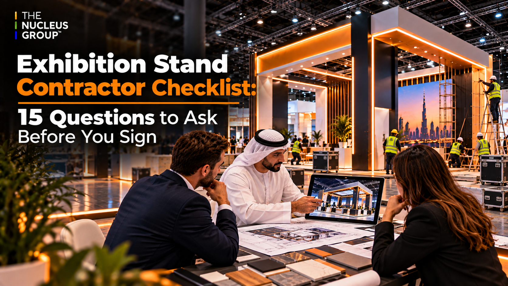 Exhibition stand contractor checklist, exhibitor reviewing stand plans with a contractor