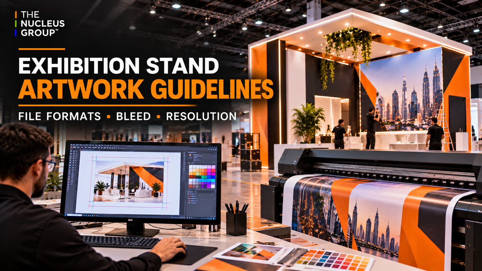 Exhibition stand artwork guidelines showing print ready graphics, file formats, bleed and resolution specifications.