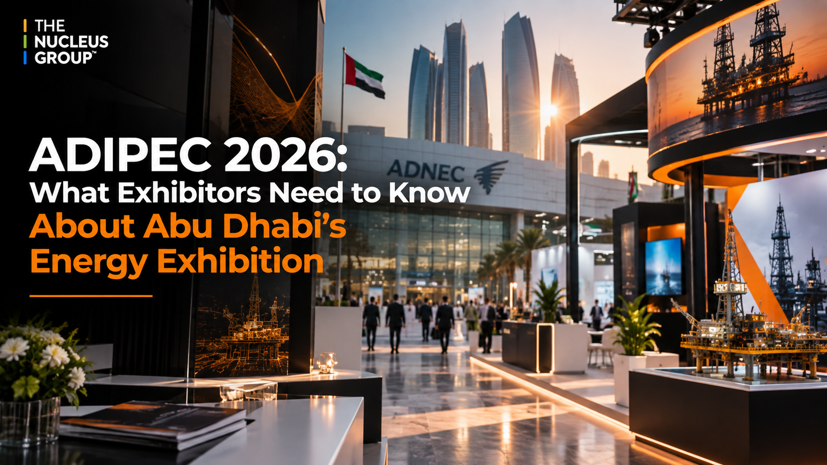 ADIPEC 2026 exhibition at ADNEC Abu Dhabi featuring energy industry exhibition stands, oil and gas displays, and modern event architecture with Abu Dhabi skyline in the background.
