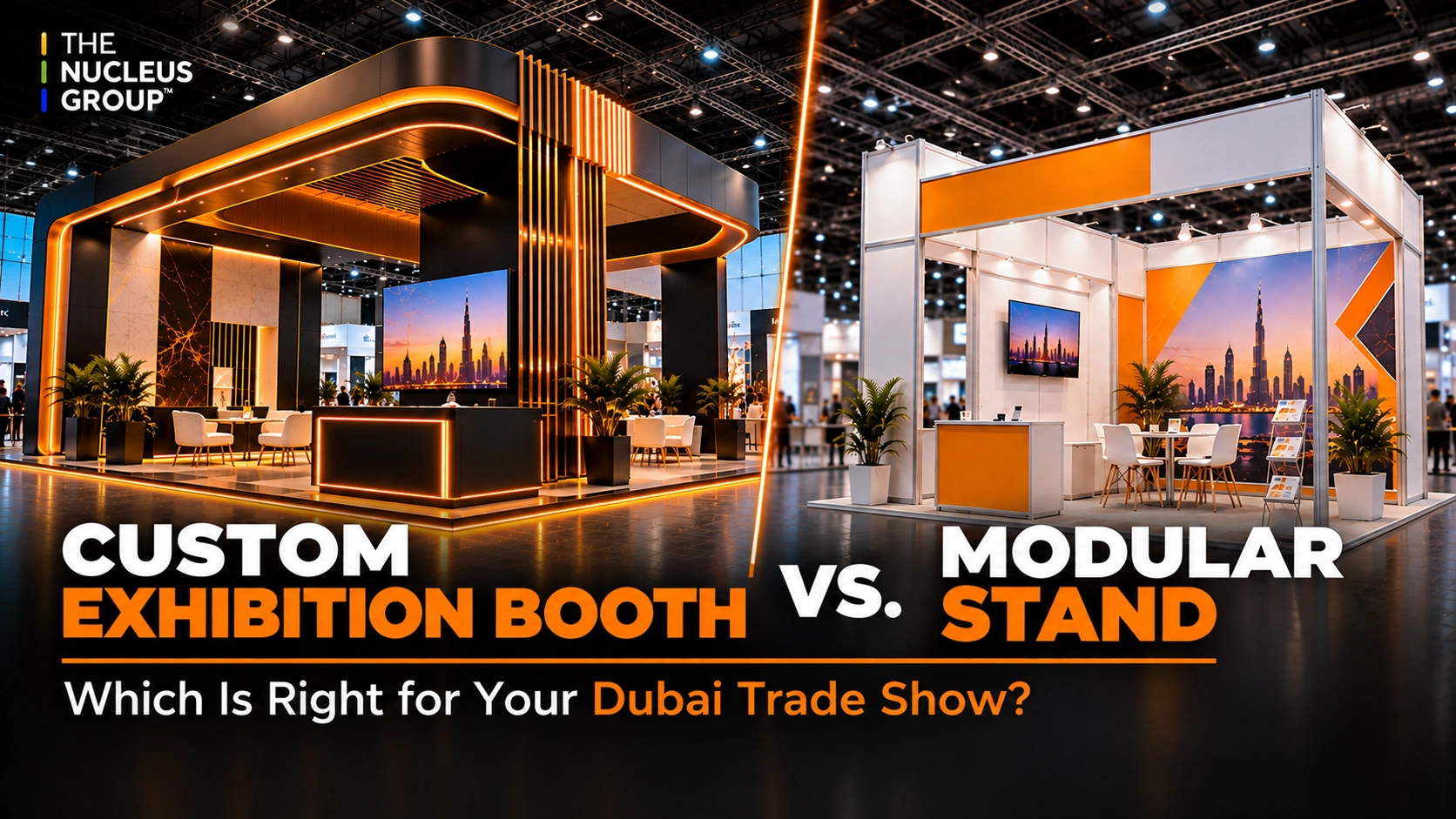 Custom exhibition booth vs modular stand Dubai, side-by-side trade show stand comparison