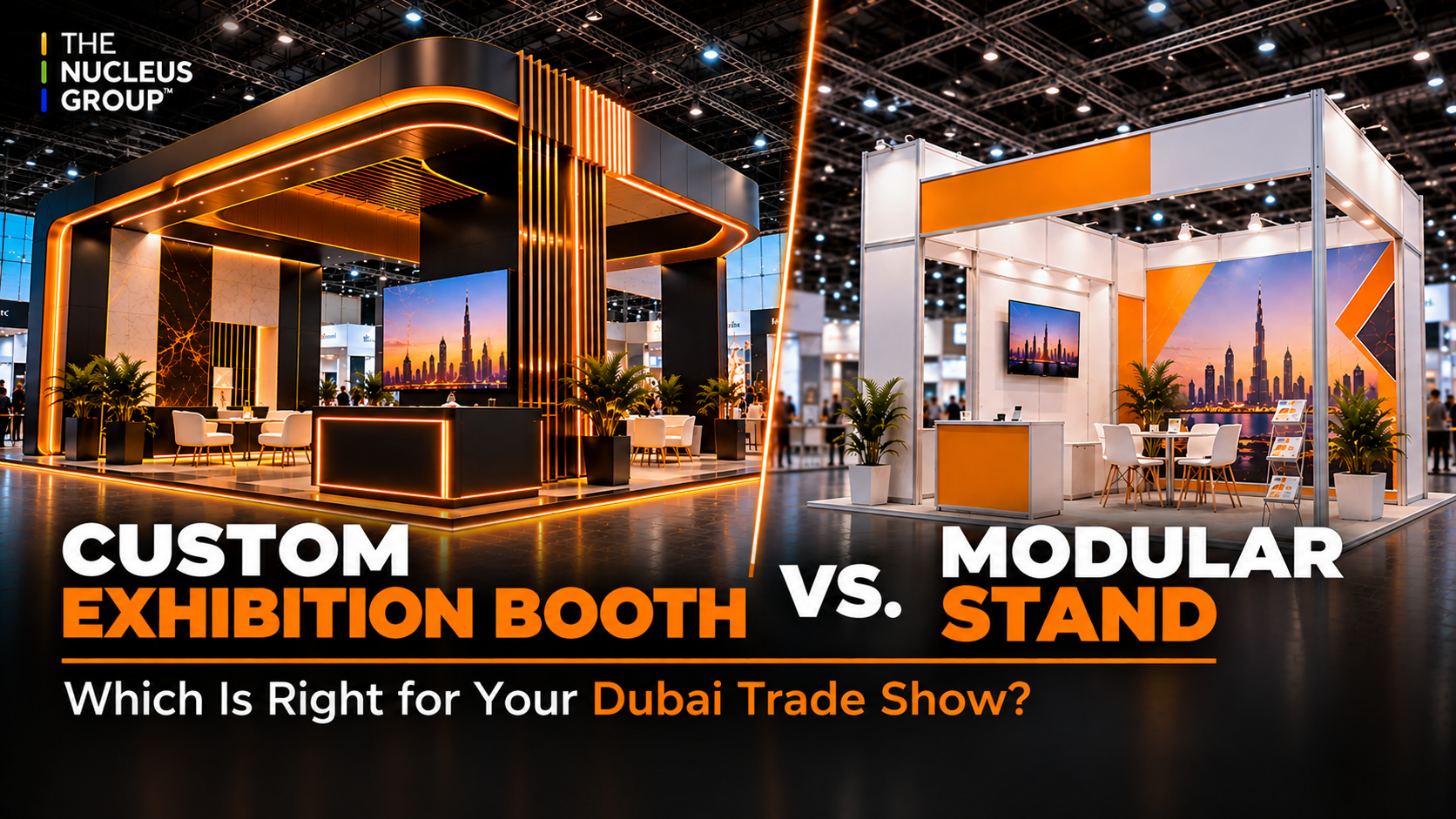 Custom exhibition booth vs modular stand Dubai, side-by-side trade show stand comparison