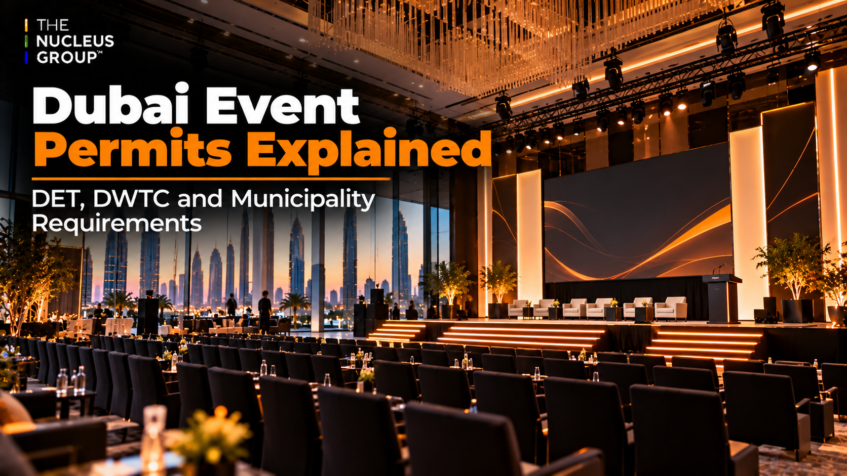 Dubai event permits explained, event setup in a Dubai venue with staging and signage